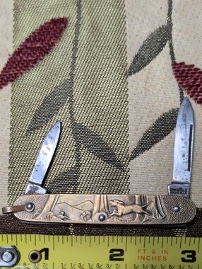 Men's Hunting-Scene Pocket Knife - Brass Tone, Dual Blade